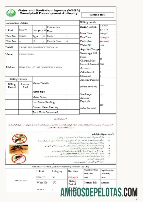 Em branco modelo de projeto de lei de serviços públicos da Agência de Água e Saneamento do Paquistão Rawalpindi Development Authority em formatos Word e PDF